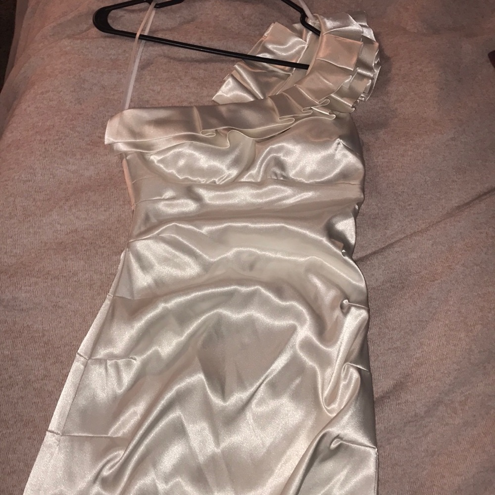 One strap off white dress